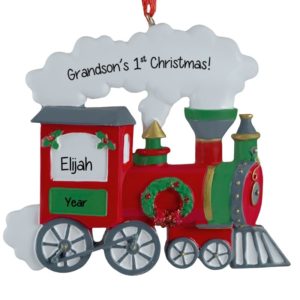 Image of Grandson's 1st Christmas RED Train Personalized Wreath Ornament