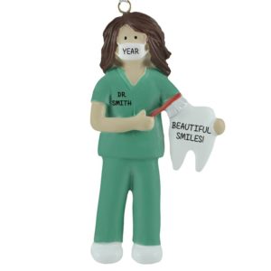 Image of Female Dentist Green Scrubs Holding Tooth Personalized Ornament BRUNETTE
