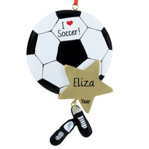 Image of I Love Soccer Ball Dangling Cleats Personalized Ornament