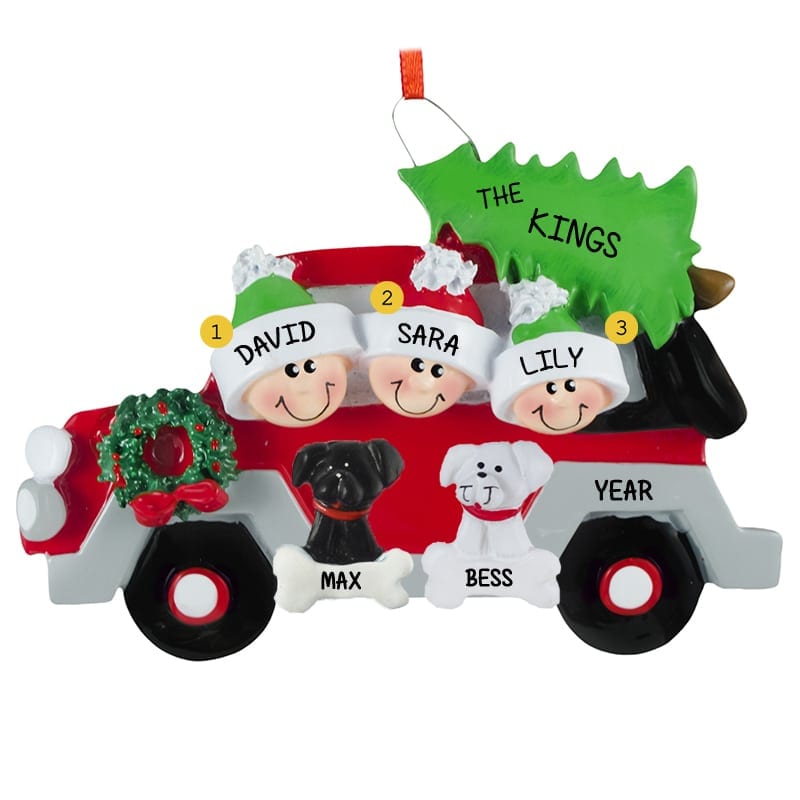 family of 3 with 2 dogs ornament
