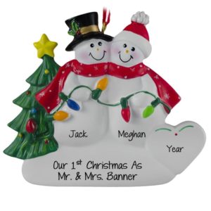 Image of 1st Christmas As Mr. & Mrs. Snow Couple Holding Lights Ornament