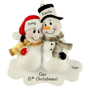 Image of Years Together Snow Couple Plaid Scarves Ornament