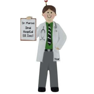 Image of Male Doctor Holding A Chart & Wearing Stethoscope Ornament BROWN Hair
