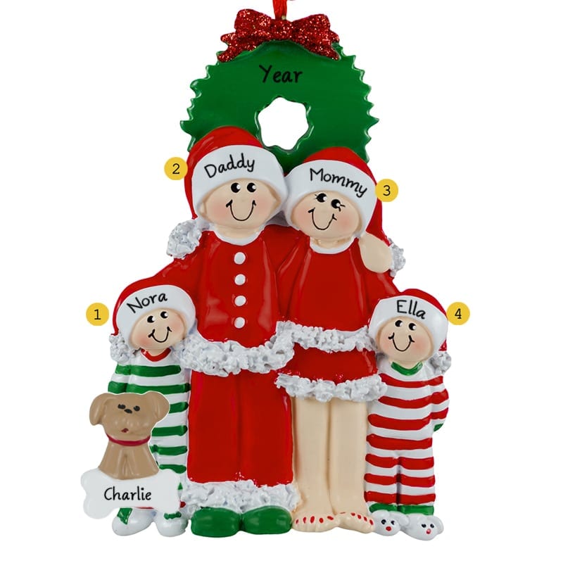 Pajama Family Of 4 + 1 Pet Personalized Ornament | Personalized ...