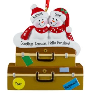 Image of Retiring Snow Couple On Suitcases Goodbye Tension, Hello Pension Ornament