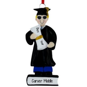 Image of MALE Middle School Graduate Holding Diploma Standing On Book Personalized Ornament BLONDE Hair