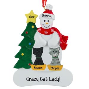 Image of Personalized Crazy Cat Lady 2 Cats Snowman Ornament