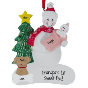 Image of Grandpa Holding His Baby Granddaughter + Dog Ornament PINK