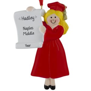 Image of GIRL Middle School Graduate RED Cap And Gown Ornament BLONDE