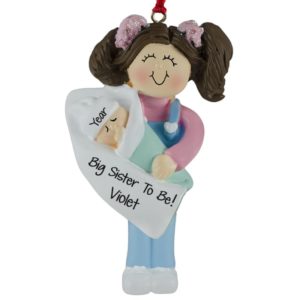 Image of Big Sister-To-Be Girl Holding Baby Ornament BRUNETTE