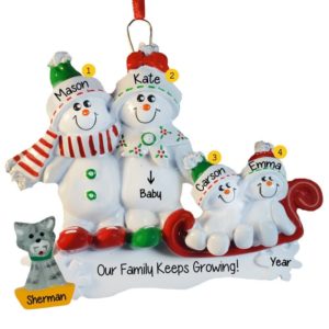 Image of Expecting Snow Couple With 2 Kids And CAT Personalized Ornament