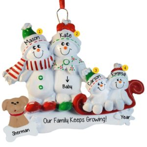 Image of Expecting Snow Couple With 2 Kids And DOG Personalized Ornament