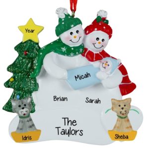 Image of Personalized Snow Couple Holding Baby BOY+ 2 CATS Ornament