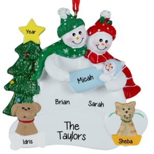 Image of Personalized Snow Couple Holding Baby BOY With Cat And Dog Ornament