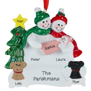 Image of Snow Couple Holding Baby GIRL + 2 Dogs Ornament