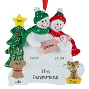 Image of Personalized Snow Couple Holding Baby GIRL With CAT And DOG Ornament