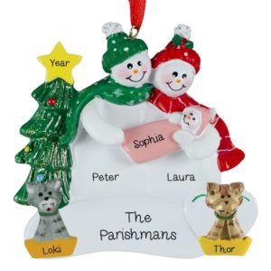 Image of Snow Couple Holding Baby GIRL + 2 Cats Ornament