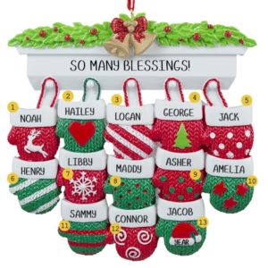 Image of Personalized 13 Grandkids Mittens On Mantle Ornament