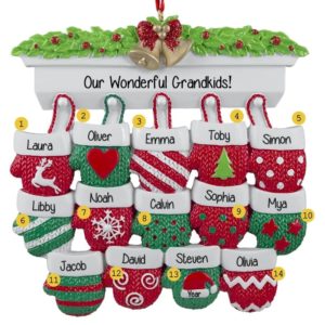 Image of Personalized 14 Grandkids Mittens On Mantle Ornament