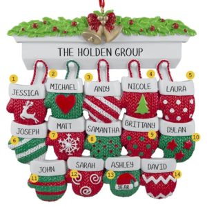 Image of Group Or Family Of 14 Mittens On Mantle Ornament