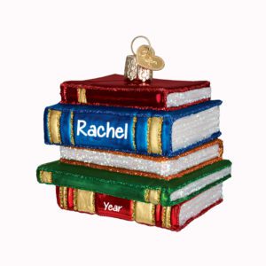 Image of Personalized Stack Of Books Glittered Glass Fully Dimensional Ornament
