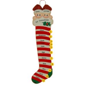 Image of Personalized Grandparents + 11 Grandkids Candy Cane Stocking Ornament