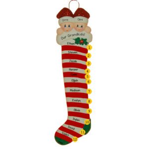 Image of Personalized Grandparents + 13 Grandkids Candy Cane Stocking Ornament