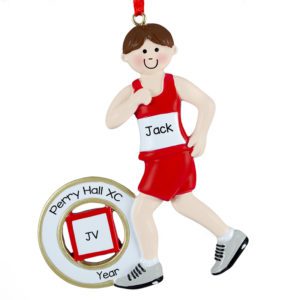 Image of Cross Country Runner Boy RED Uniform Ornament BROWN Hair