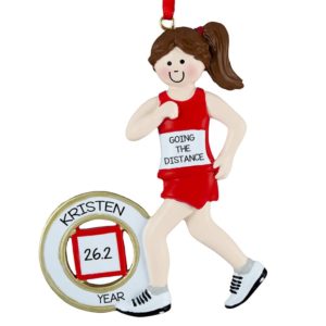 Image of Personalized Marathon Runner FEMALE Red Shorts Ornament BRUNETTE