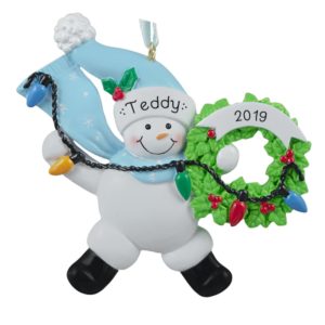 Image of Personalized Snowman BLUE Hat & Scarf Christmas Lights Ornament