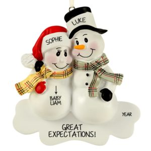 Image of Personalized Pregnant Snow Couple Plaid Scarves Ornament