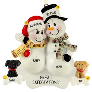 Image of Expecting Snow Couple + 2 DOGS Personalized Ornament