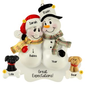 Image of Expecting Twins Snow Couple + 2 DOGS Ornament