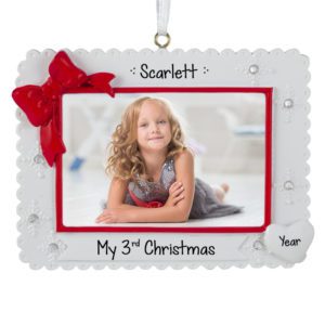 Image of Personalized Baby's 3RD Christmas RED & WHITE Scalloped Picture Frame Ornament