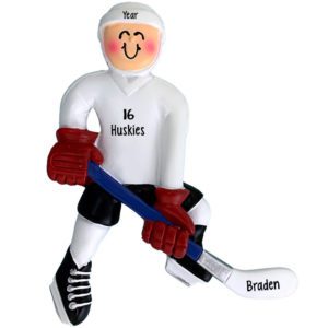 Image of Hockey Player Holding Stick White Helmet Ornament