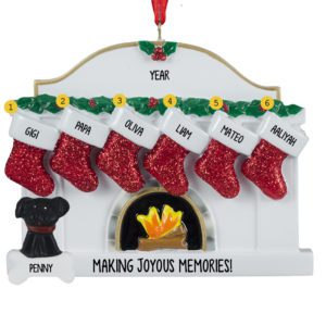 Image of Grandparents And 4 Grandkids With Pet Fireplace Glittered Stockings Ornament