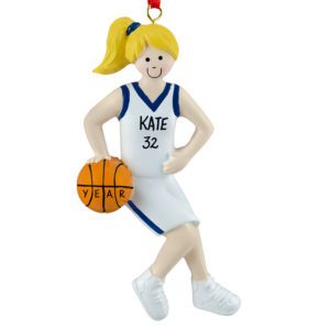 Image of Personalized Basketball Girl Player BLUE Uniform Ornament BLONDE Hair