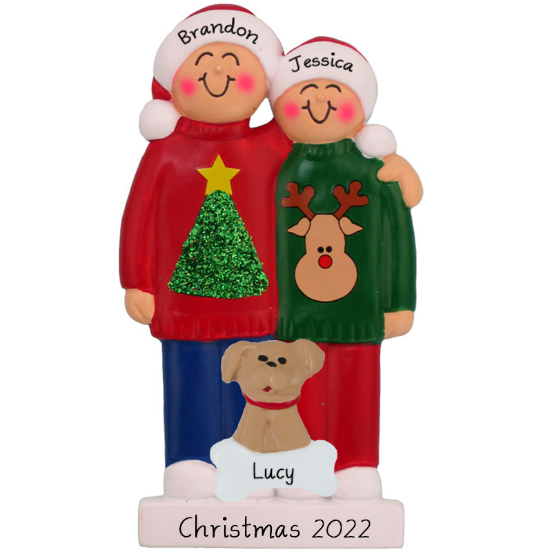 Personalized Ugly Sweater Couple + Dog Ornament Personalized