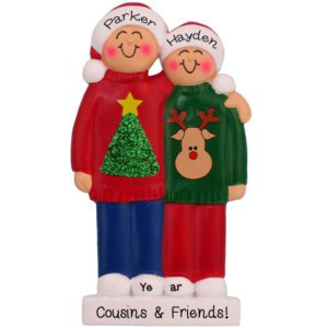Image of Two Cousins Wearing Ugly Christmas Sweaters Ornament