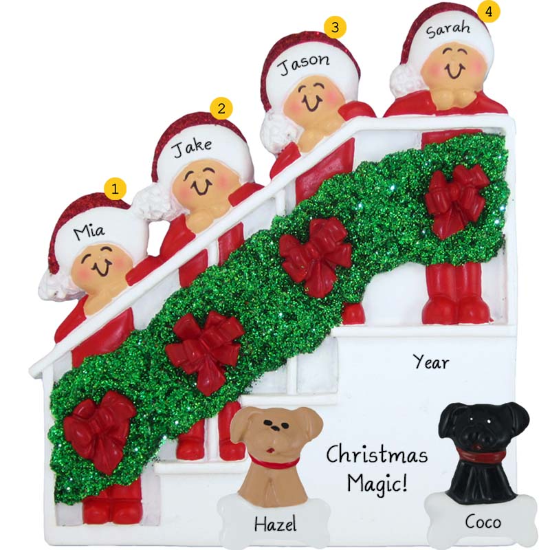Personalized Family Of 4 + 2 Dogs On Christmasy Stairs Ornament ...