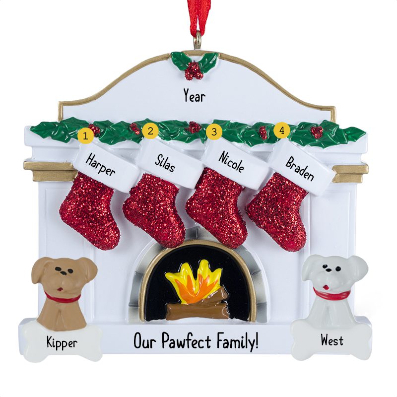 Personalized Family Of 4 With 2 Dogs White Fireplace Ornament ...