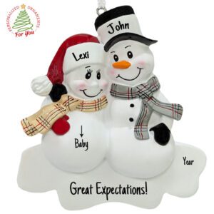Pregnant Snow Couple Plaid Scarves Ornament