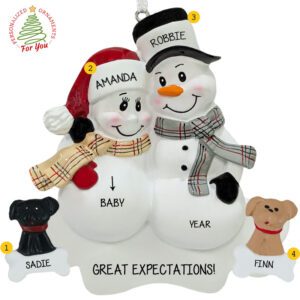 Expecting Snow Couple + 2 DOGS Personalized Ornament