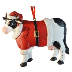 Image of Cow Wearing Santa Suit & Cap Personalized Ornament