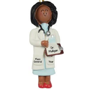 Image of FEMALE Doctor Wearing Lab Coat Holding Clip Board Ornament AFRICAN AMERICAN
