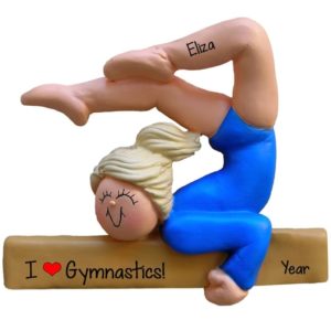 Image of BLONDE Gymnast Wearing BLUE Leotard Personalized Ornament