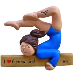Image of I Love Gymnastics Girl On Balance Beam BLUE Leotard Ornament BRUNETTE