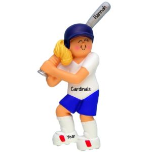 Image of Softball Player Holding Silver Bat Personalized Ornament BLONDE