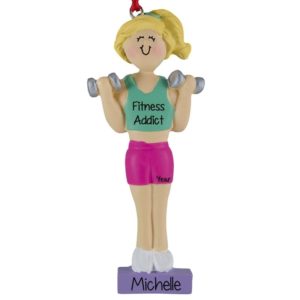 Image of Girl Lifting Hand Weights Personalized Ornament BLONDE