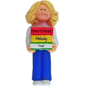 Image of FEMALE Reader Holding Stack Of Books Ornament BLONDE Hair